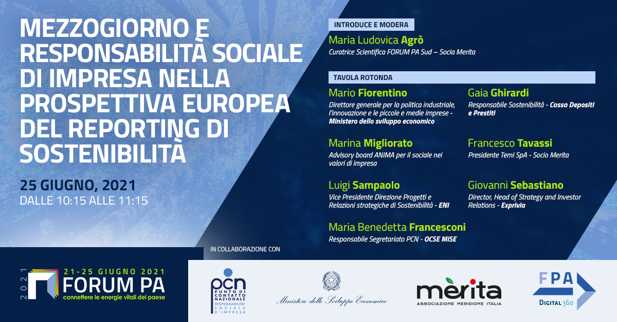 “Mezzogiorno e Responsabilità Sociale di Impresa nella prospettiva europea” - 25 giugno 2021 – ore 10.15