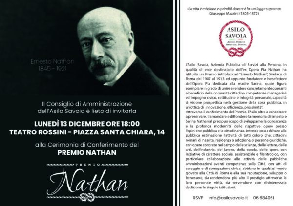 Al via Il Premio dedicato al Sindaco di Roma Ernesto Nathan: Lunedì 13 dicembre alle 18 la Cerimonia Ufficiale a Palazzo Santa Chiara