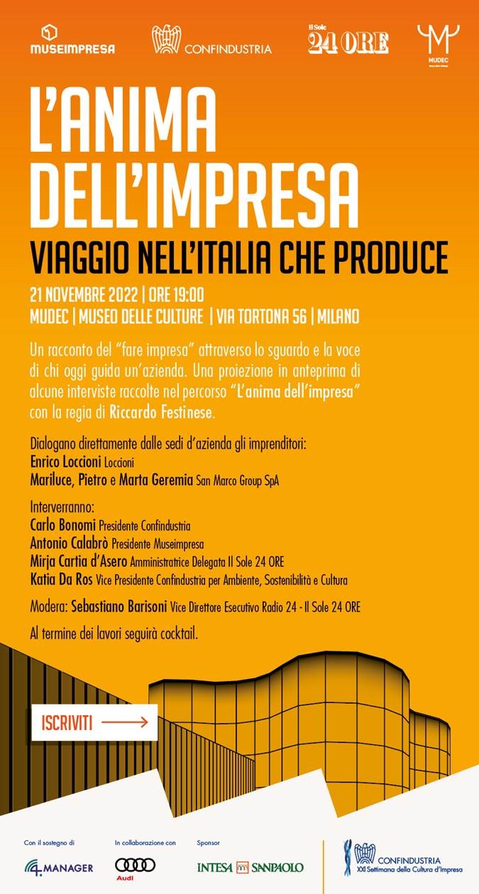 L'Anima dell'Impresa. Viaggio nell'Italia che produce - Milano, 21 novembre 2022 - ore 19 - via Tortona 56